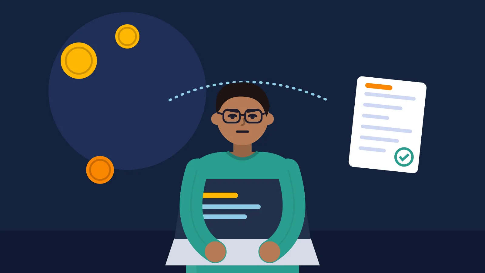 Illustration of a woman checking a tax form at her desk with a smartphone showing coin icons while an adviser points to the form