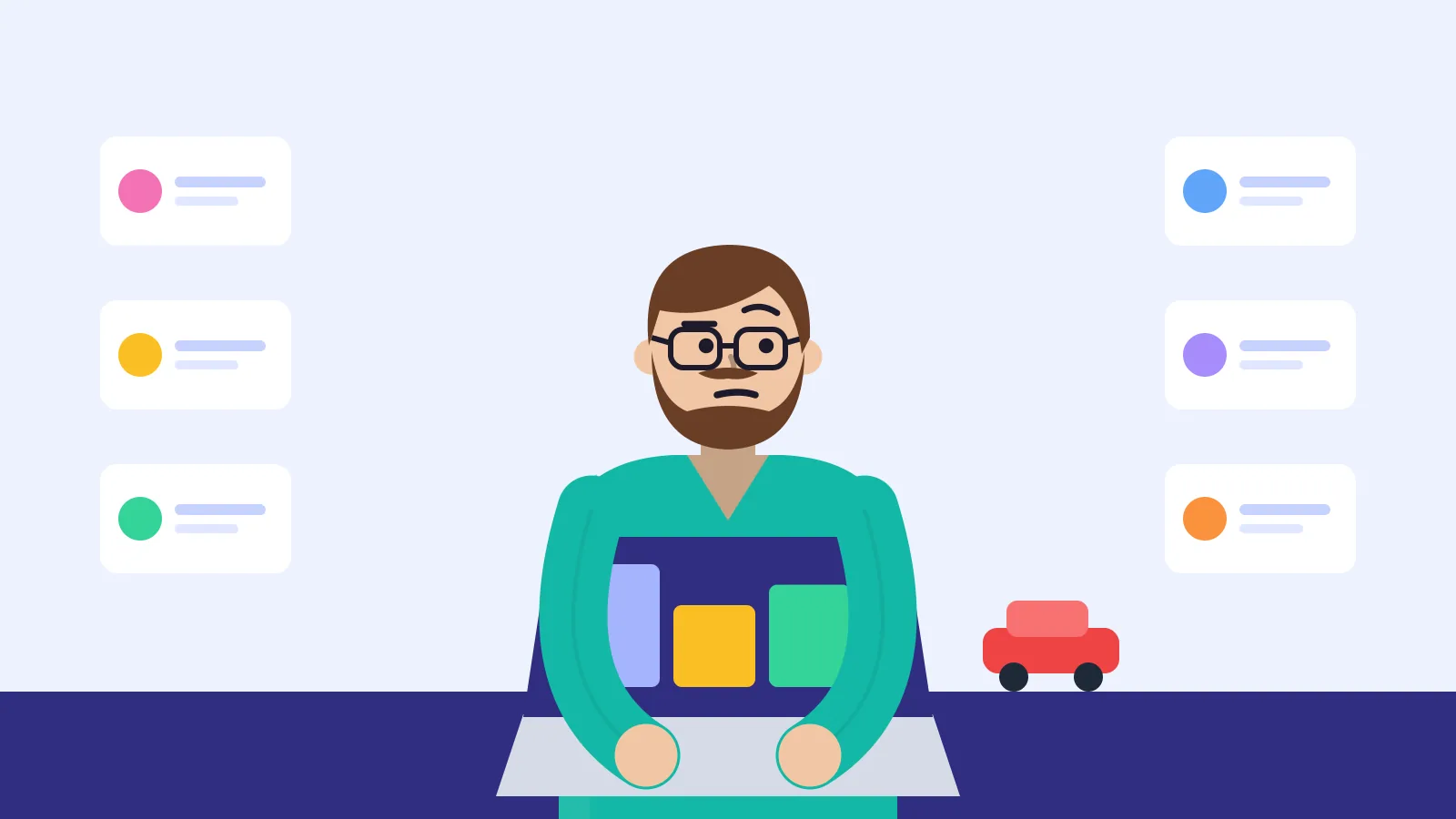Illustration of a delivery driver tracking mileage on a phone and a freelance designer sorting receipts next to a laptop