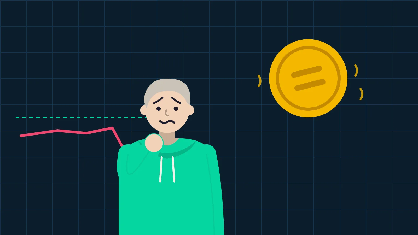 Illustration of an anxious trader watching a wobbling stablecoin